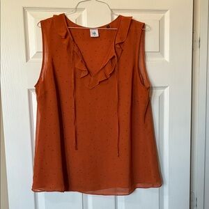 CAbi 3764 Rust Orange Sleeveless Blouse with Ruffle Trim